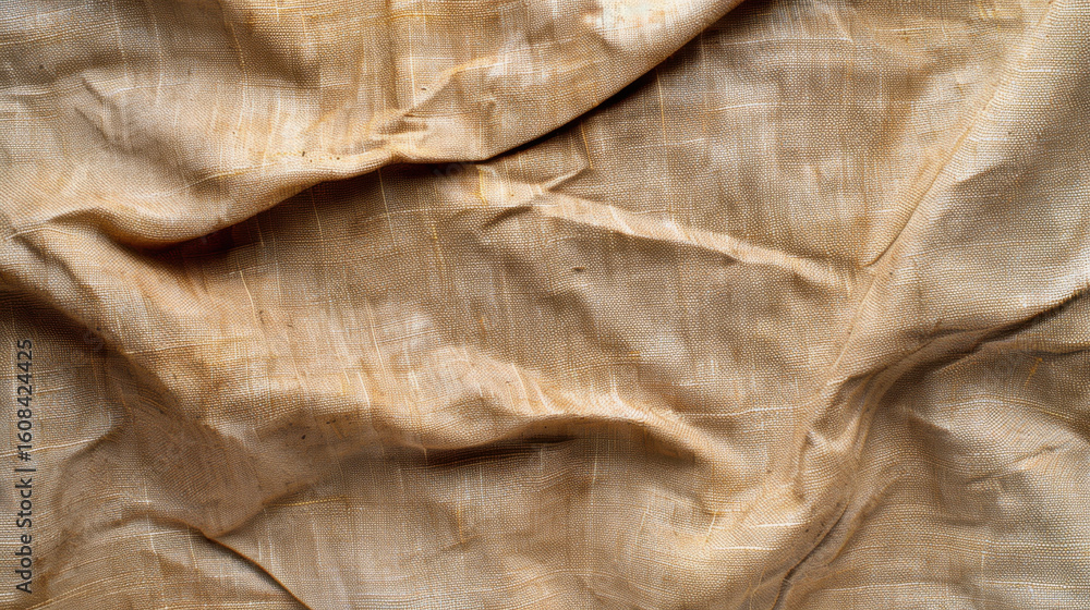 Poster close up view of wrinkled linen fabric showcasing soft beige color with subtle texture variations, p