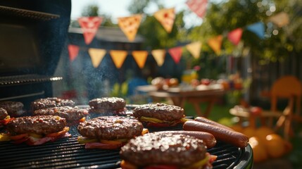 a grill with sizzling burgers and hot dogs, set up in a sunny backyard with flags and picnic decor in the background, summer vibes