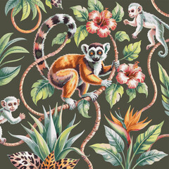 Ring tailed lemur and monkey among tropical foliage and hibiscus flowers