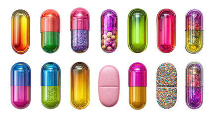 Various medications including multicolored capsules and tablets on transparent background


