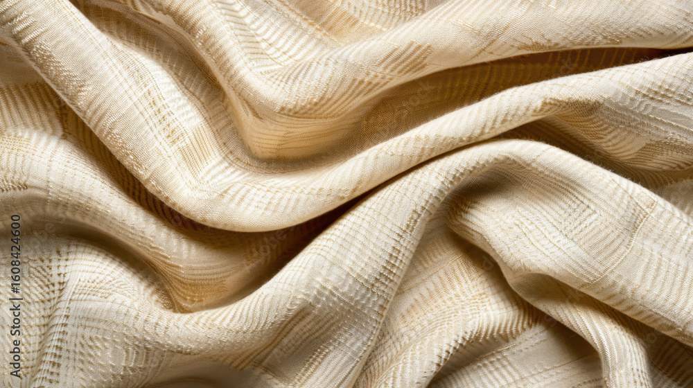 Poster soft linen fabric texture background in light cream color, showcasing intricate patterns and gentle 