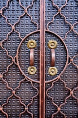 Ornate metal gate featuring intricate patterns, decorative handles, and a textured surface, showcasing craftsmanship and elegance in architectural design and artistry