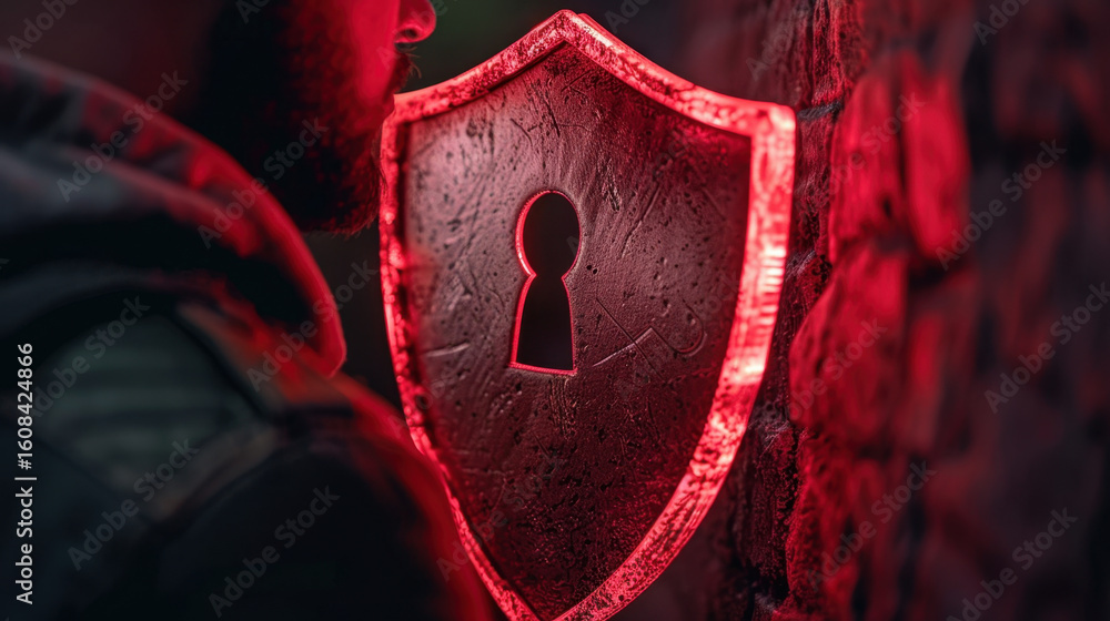 Poster glowing red shield with keyhole design is prominently displayed against textured wall, creating stri