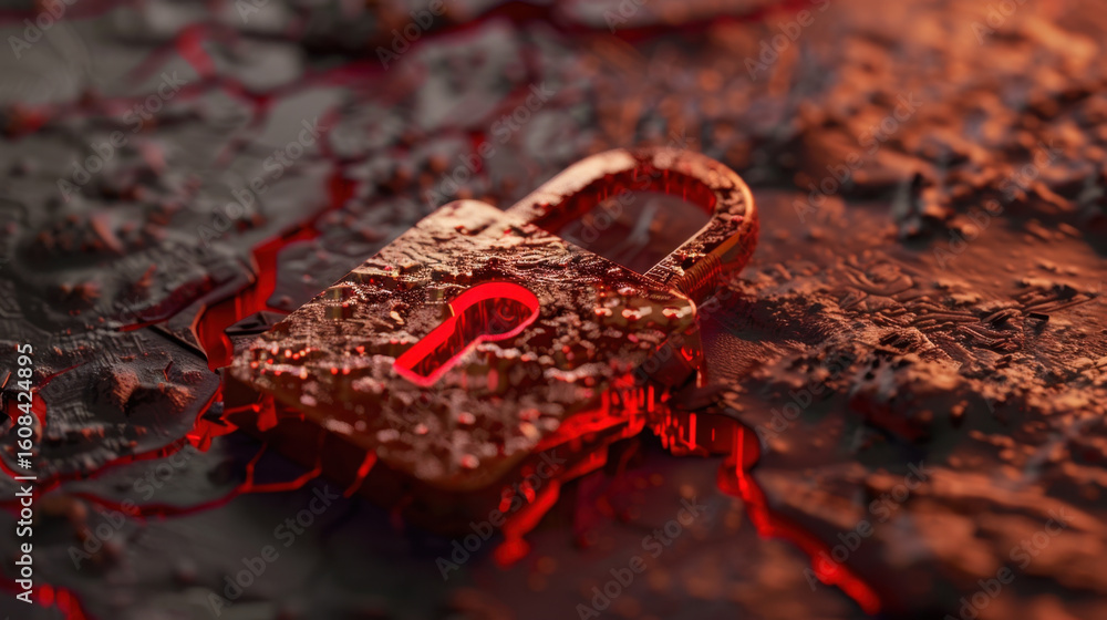 Poster red lock symbol on textured surface, representing security and protection. glowing effect adds sense