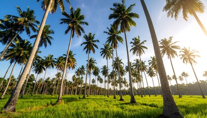 Fototapeta premium Lush palm grove in a sunny field. A verdant field of rice, dotted with tall, elegant palm trees reaching towards a vibrant, clear blue sky. Sunlight filters through the palm fronds