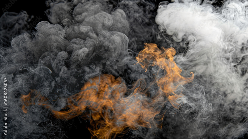 Poster low contrast abstract layers of smoke in black and gray with hints of orange create dynamic visual e