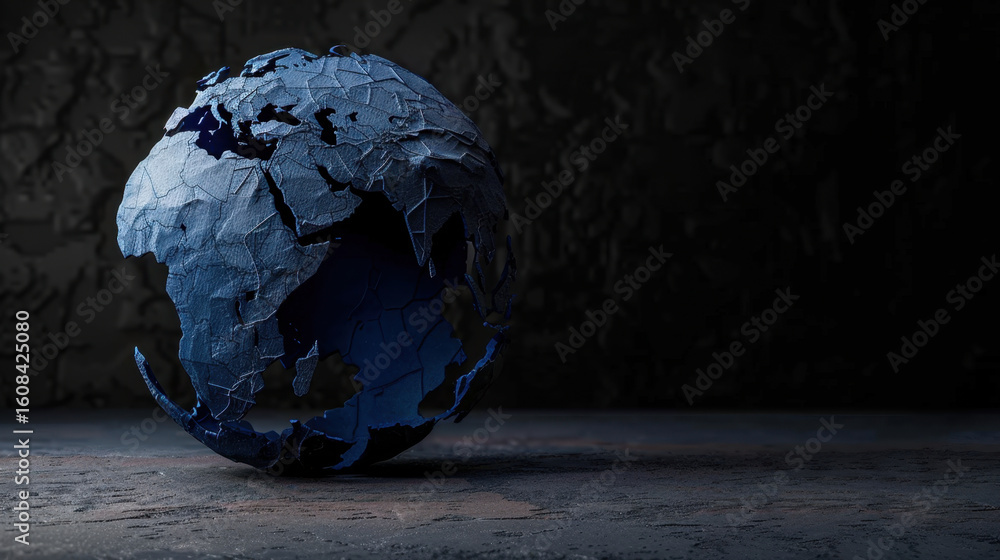 Poster low poly globe in blue tones with glowing continents, showcasing textured surface that adds depth an