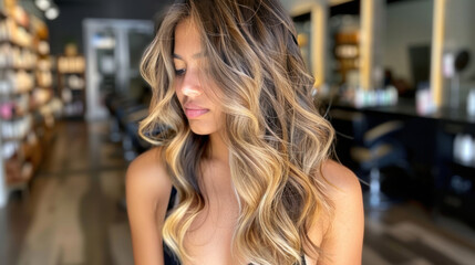 Naklejka na ściany i meble Loose curls with balayage and soft side part create beautiful, effortless look. warm tones and flowing texture add touch of elegance and charm to this hairstyle