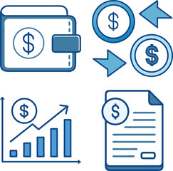 Business and finance icons set illustrating wallet transactions financial growth and banking documents