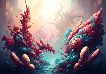 Surreal Abstract Landscape with Coral-Like Structures and Dreamy Atmosphere