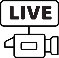 Live broadcast camera icon, black outline style, features video camera with rectangular LIVE sign above, symbolizing real time streaming or online video content creation