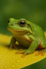Obraz premium Ultra-realistic macro illustration of a green tree frog perched on a vibrant yellow leaf with water droplets, captured with soft lighting and shallow depth of field.