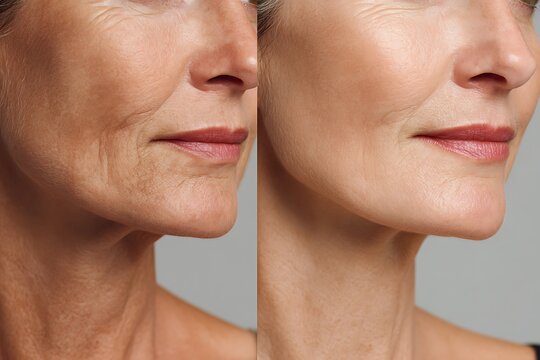Before&ndash;After Rough skin on the chin Comparative image of the skin of a 50+ year old woman before and after using a medical cosmetic cream.