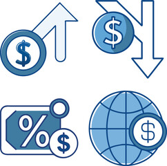 Financial icons illustrating growth decline global finance and discounts in a blue color scheme