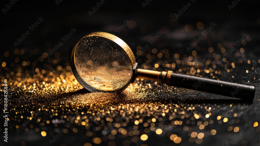 Aufkleber magnifying glass rests on surface scattered with shimmering golden particles, creating captivating s