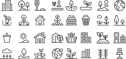 Obraz premium green city icon set, panels, recycling, green city energy actions: solar farm, electric bus, green city, vector illustration