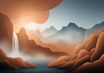 Tranquil waterfall and mountain landscape with warm sunset hues aesthetic