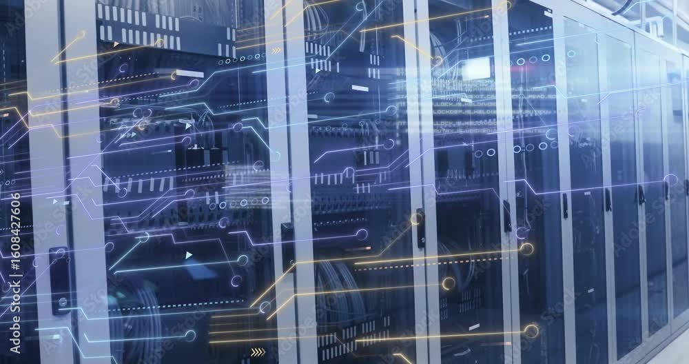 Poster digital overlay fading on server racks starting data flow while camera panning showing data traffic