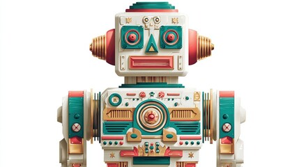 Cartoon robot, rectangular torso and head, colorful elements on white background