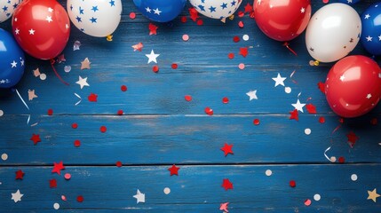 a patriotic Labor Day background with red, white, and blue balloons, confetti, and stars scattered over wooden planks