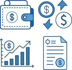 Blue finance icons illustrating wallet transactions growth and financial accounting concepts