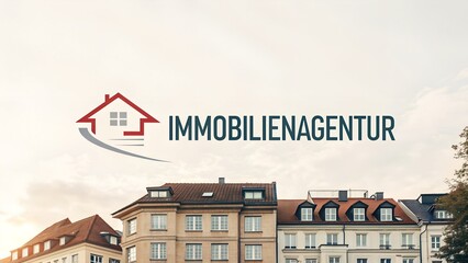 Clean real estate presentation with Immobilienagentur title and building illustration designed like a logo and space for promotional copy ideal for apartment listings realty ads and housing services