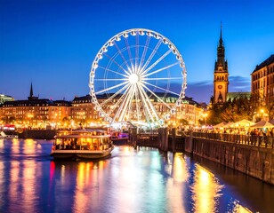 Night cityscape with Ferris wheel and riverboat