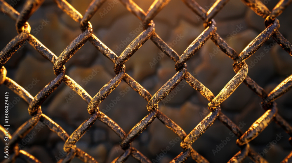 Poster rusty metallic chain link fence texture with warm light reflections creates striking visual. intrica