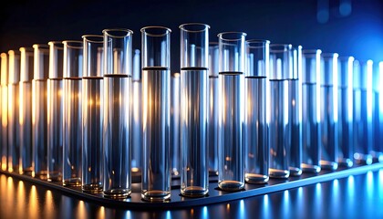 Test tubes filled with liquid, illuminated by vibrant light.  A metal rack holds numerous clear test tubes, showcasing glowing liquid.  Dark background with blue and orange accents