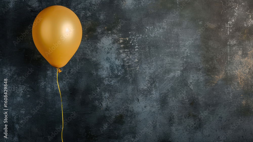 Poster minimal backdrop features single floating golden balloon, creating striking contrast against texture