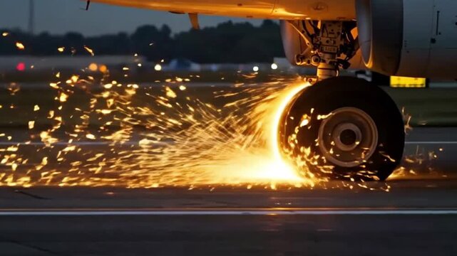 3D illustration of sparks coming from airplane wheels during landing, depicting a potential malfunction. Ideal for educational videos, safety campaigns, and aviation-related content.