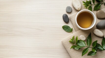 a peaceful zen flat lay with yoga mat corner, smooth stones, green leaves, and a cup of herbal tea on a light wood surface, evoking calm and self-care