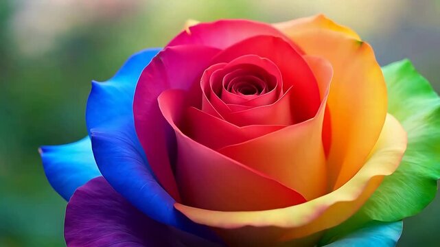 Berikut deskripsi video dalam bahasa Inggris, maksimal 200 karakter:

A vibrant time-lapse of a unique rose-like flower blooming, each petal in a different color. Close-up, dreamy lighting