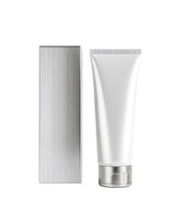 White cosmetics tube next to silver packaging box on transparent background


