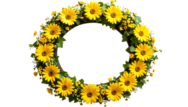 Circular floral wreath composed of yellow daisies and greenery isolated on transparent background, creating a decorative frame.