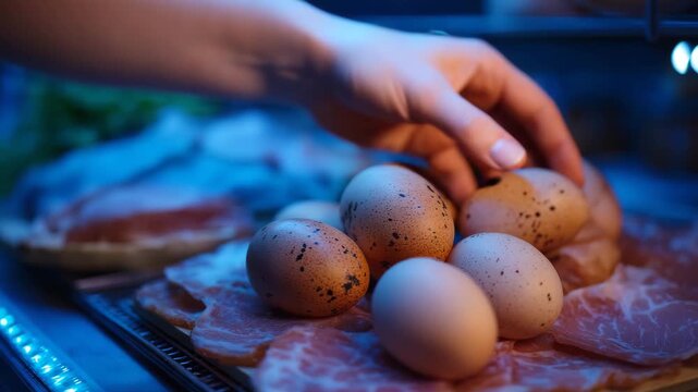 Tray of eggs and ham. There are six eggs in total. eggs and deli meat glowing under blue light, contamination metaphor, listeria