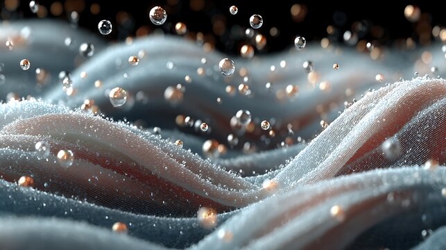 Detailed 3D scene showing white fabric washed in pure water with clear bubbles and molecular detergent visuals