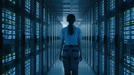 A female technician confidently walks through a modern data center's server room, showcasing advanced technology infrastructure. - Powered by Adobe