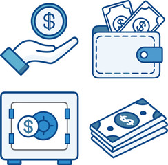 Financial icons collection including a coin hand wallet safe and stack of cash in blue color