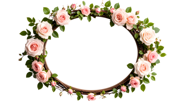 A beautiful oval wreath crafted with delicate pink roses and green leaves isolated on transparent background.