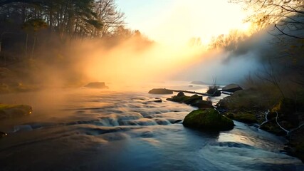 Serene river landscape at dawn with mist rising, showcasing natural beauty and tranquility - Powered by Adobe