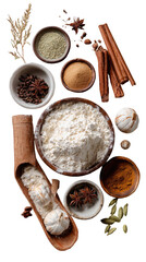 White flour and spices flatlay for Thanksgiving baking preparation on transparent background

