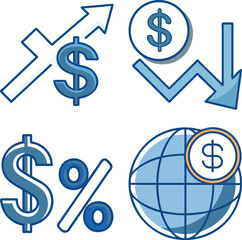 Financial icons depicting growth decline global economy and percentage in blue tones