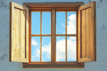 An open wooden window with a view of blue sky and white clouds through the glass.