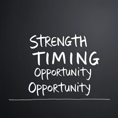 Success concept Strength, Timing, Opportunity on blackboard
