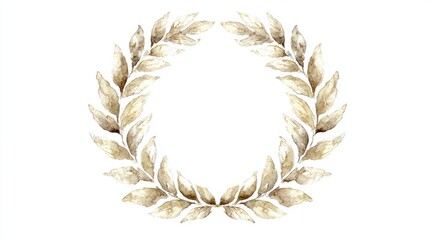 Golden wreath frame with watercolor leaves, elegant and symmetrically arranged.
