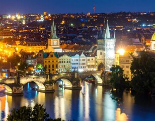 Obraz premium Night view of a historic European city, with a bridge over a calm river, reflecting the illuminated buildings