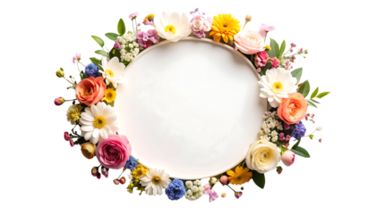 Vibrant spring flowers arranged in a circular frame, creating a beautiful floral wreath with a blank central space isolated on transparent background.