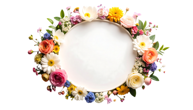 Vibrant spring flowers arranged in a circular frame, creating a beautiful floral wreath with a blank central space isolated on transparent background.