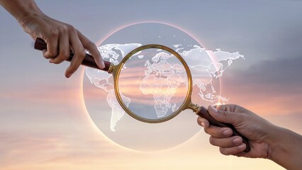 Explore global opportunities with a magnifying glass over a glowing world map at sunset for business growth